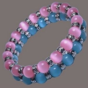 Matching Pair of Pink Opal and Blue Cat's Eye Beaded Stackable Stretch Bracelets